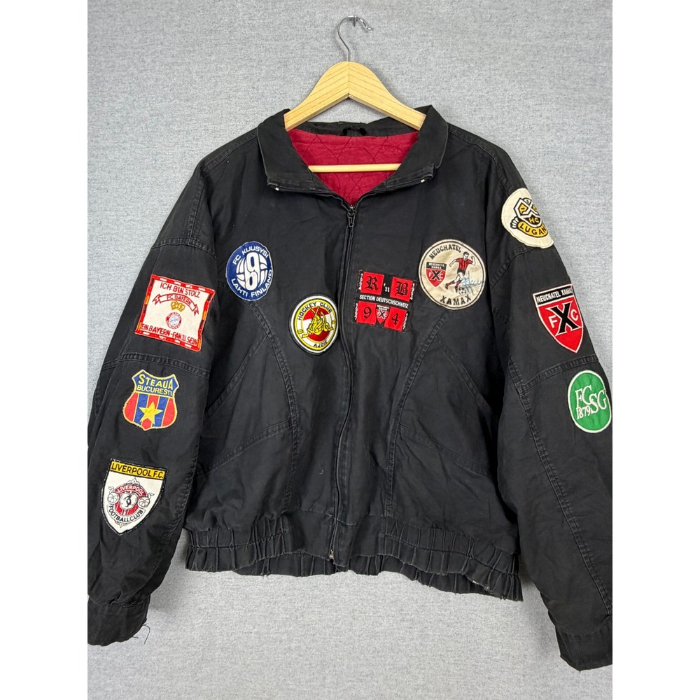 Vintage Tramps Soccer Patch Bomber Jacket Black Quilted Lined European Football